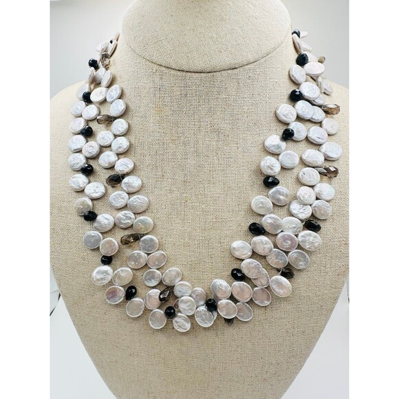 Artisan handmade coin freshwater pearl smoky quartz onyx bib Necklace 19”